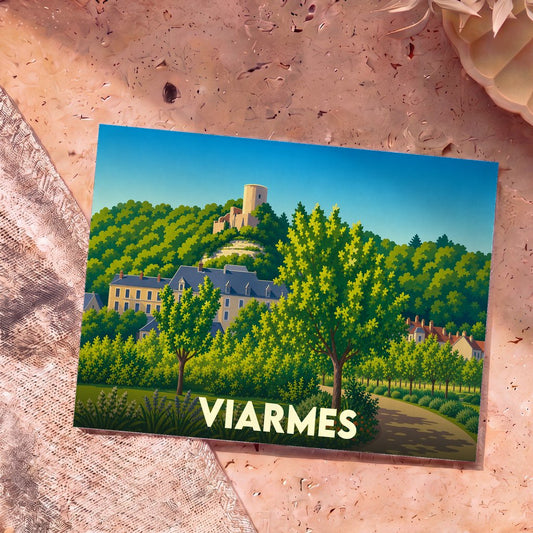 Carte postale souvenir de la ville de Viarmes avec une illustration stylisée de son paysage et de son château.