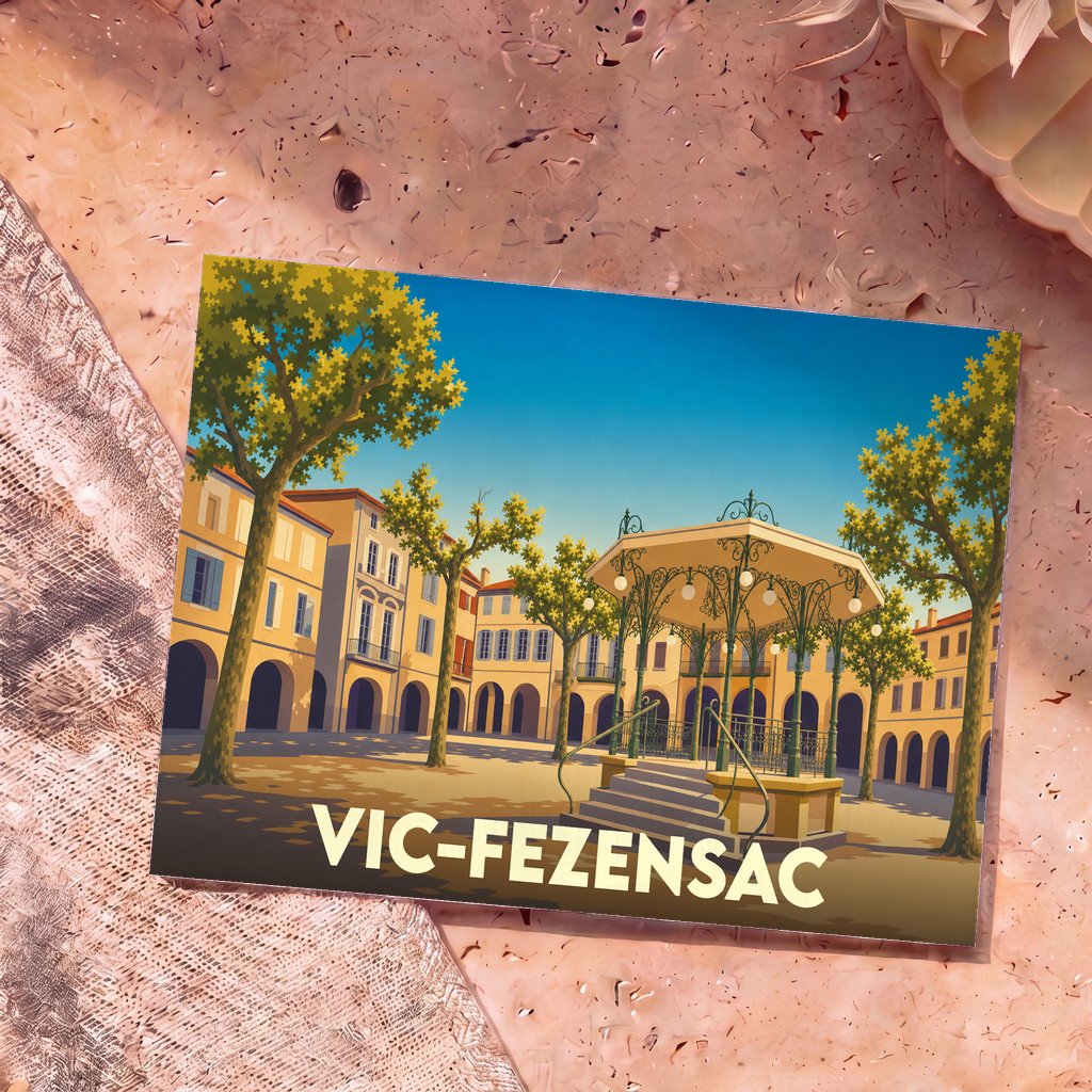 Carte postale souvenir de la ville de Vic-Fezensac avec une illustration stylisée d'un kiosque sur une place arborée.