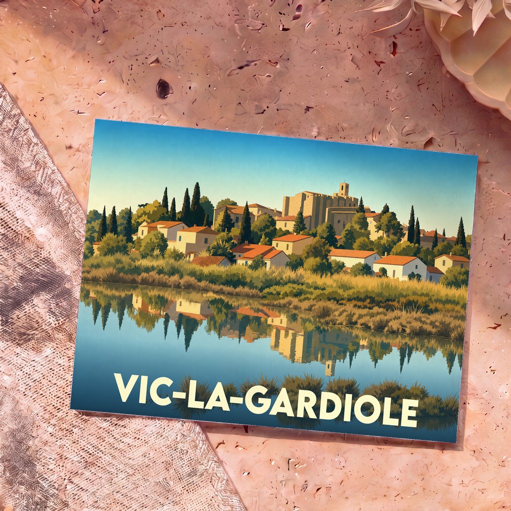 Carte postale souvenir de la ville de Vic-la-Gardiole avec une illustration stylisée d'un village se reflétant dans l'eau.