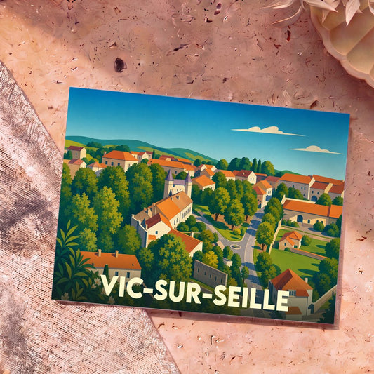 Carte postale souvenir de la ville de Vic-sur-Seille avec une illustration stylisée.