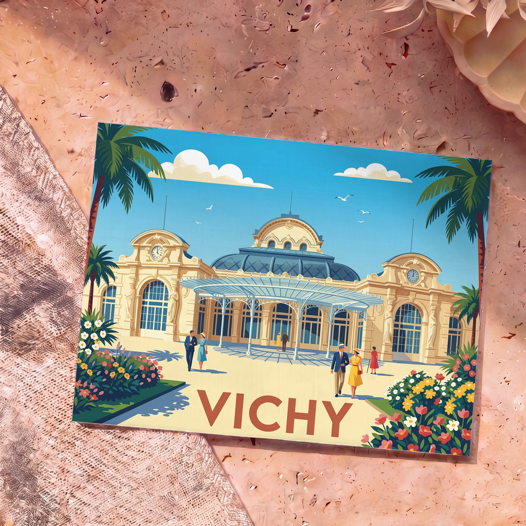 Carte postale souvenir de la ville de Vichy avec une illustration de style rétro représentant l'Opéra sous un ciel ensoleillé.