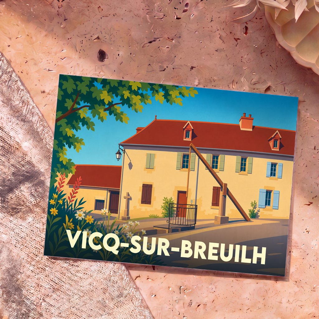 Carte postale souvenir de la ville de Vicq-sur-Breuilh avec une illustration stylisée d'une maison traditionnelle et de son puits.