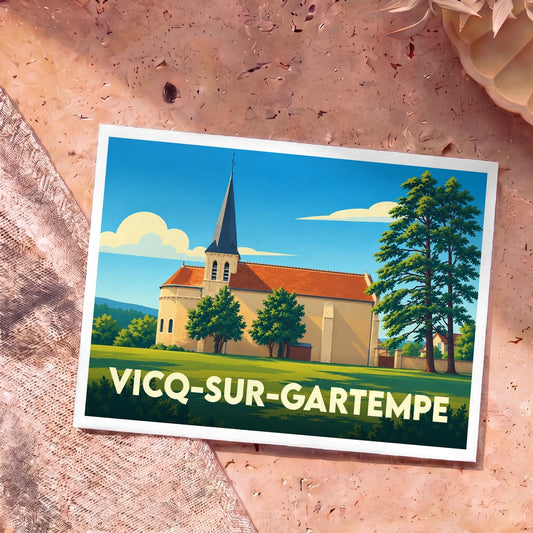 Carte postale souvenir de la ville de Vicq-sur-Gartempe avec une illustration stylisée de son église.