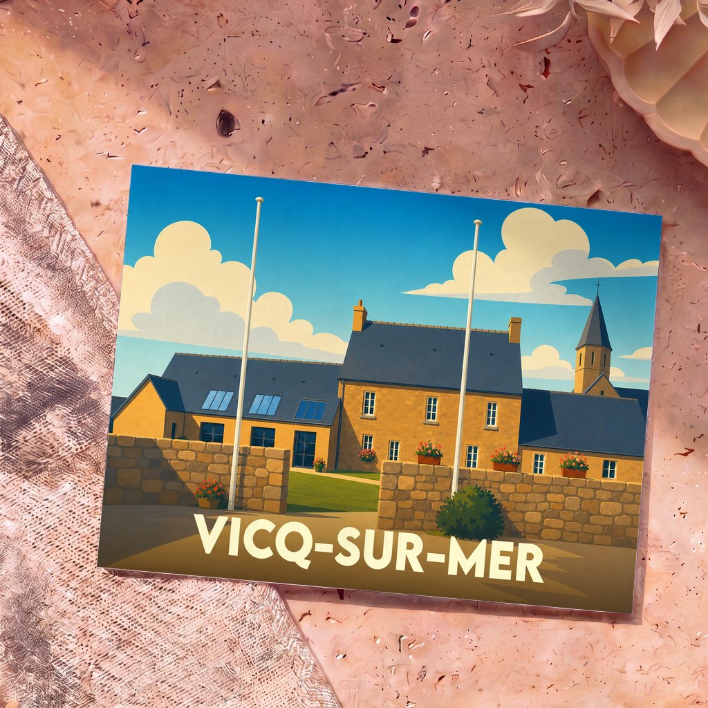 Carte postale souvenir de la ville de Vicq-sur-Mer avec une illustration stylisée de maisons en pierre sous un ciel bleu.