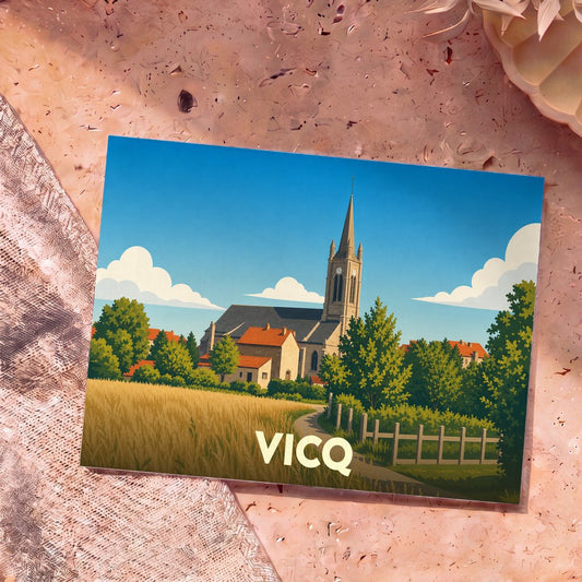 Carte postale souvenir de la ville de Vicq avec une illustration stylisée d'une église et d'un champ de blé.