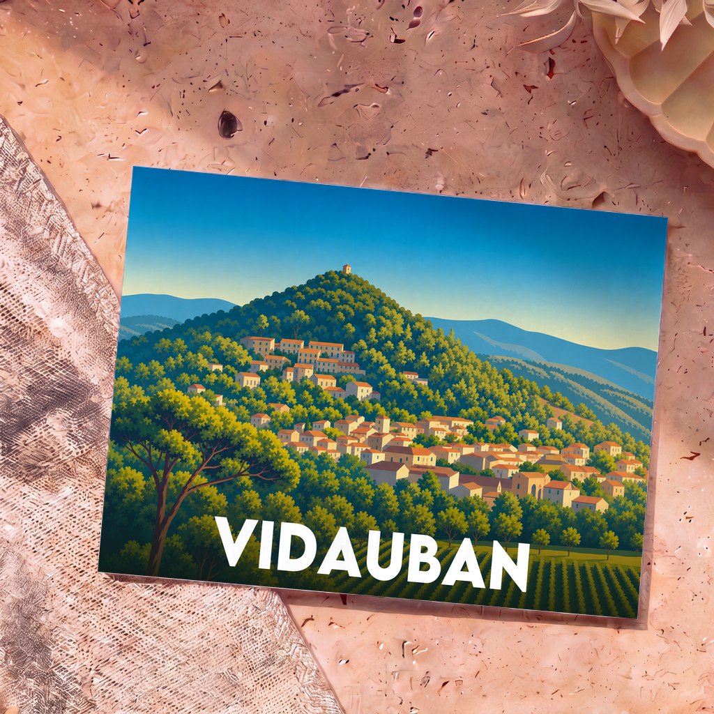 Carte postale souvenir de la ville de Vidauban illustrant un village perché et boisé dans un style rétro.