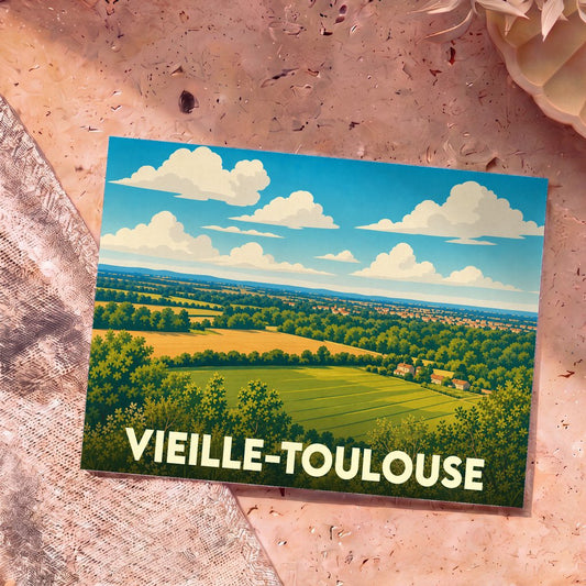 Carte postale souvenir de Vieille-Toulouse illustrant un paysage de campagne ensoleillé avec des champs et des collines boisées.