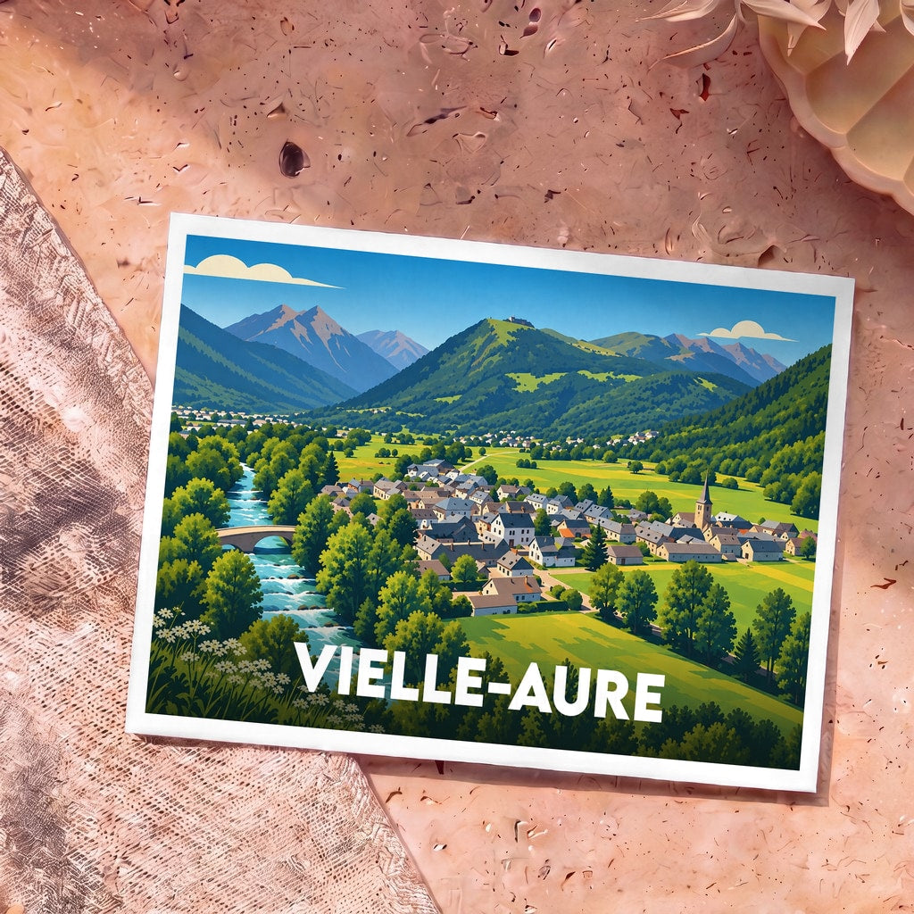 Carte postale souvenir de la ville de Vielle-Aure illustrant un paysage de montagne pittoresque.