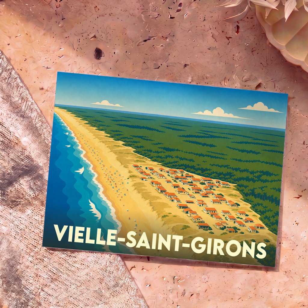 Carte postale souvenir de la ville de Vielle-Saint-Girons avec une illustration stylisée du bord de mer et de la forêt.