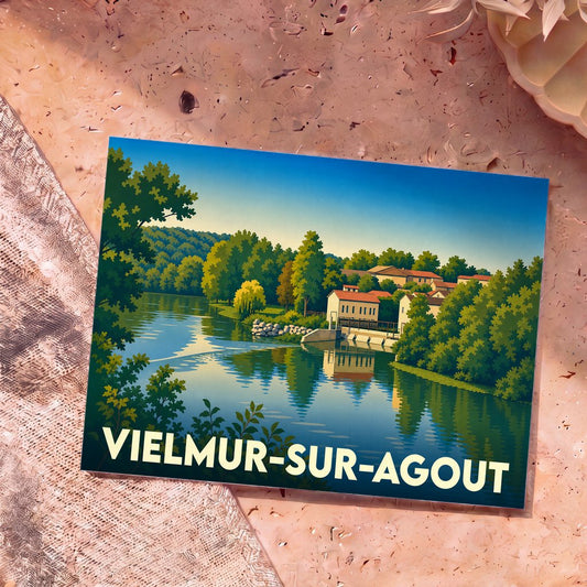 Carte postale souvenir de la ville de Vielmur-sur-Agout avec une illustration stylisée des bords de l'Agout.