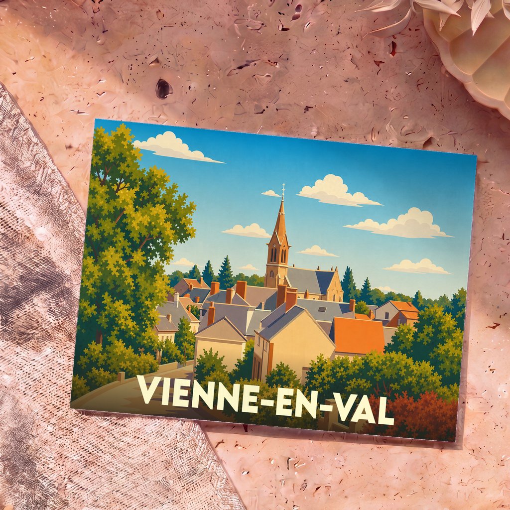 Carte postale souvenir de la ville de Vienne-en-Val avec une illustration stylisée.