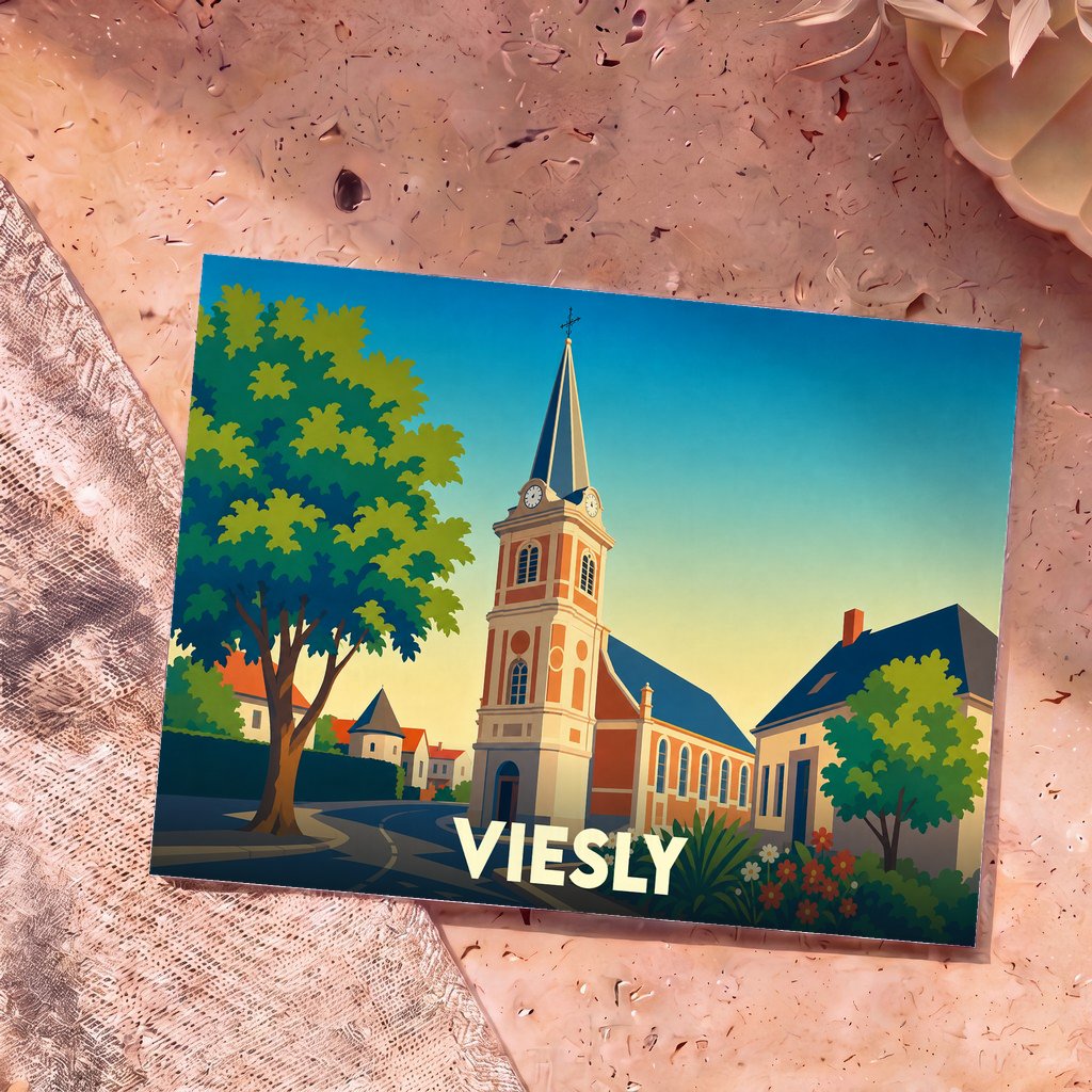 Carte postale souvenir de la ville de Viesly avec une illustration stylisée de son église.