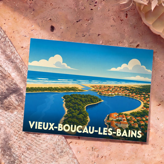 Carte postale souvenir de Vieux-Boucau-les-Bains avec une illustration stylisée vue du ciel de son lac marin et de l'océan.