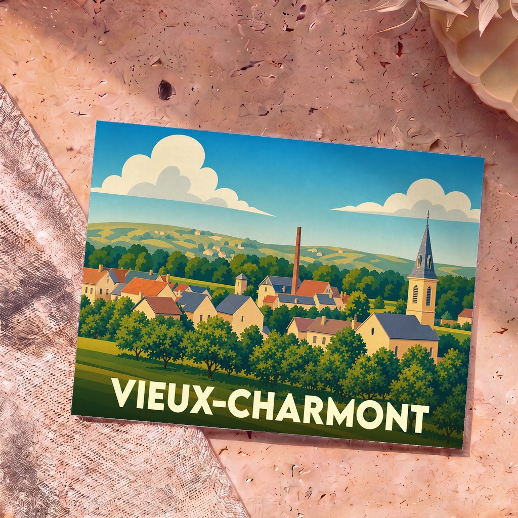 Carte postale souvenir de la ville de Vieux-Charmont avec une illustration stylisée.