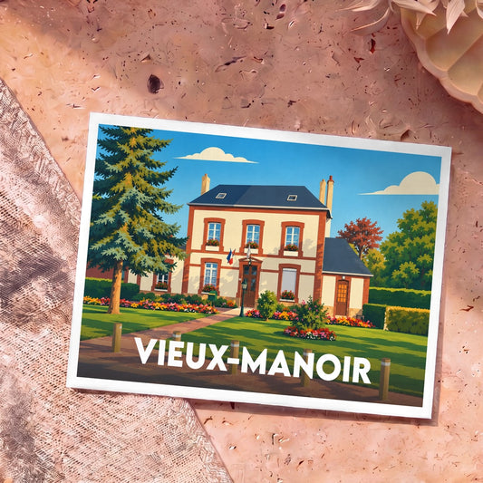 Carte postale souvenir de la commune de Vieux-Manoir avec une illustration stylisée d'une bâtisse de caractère.
