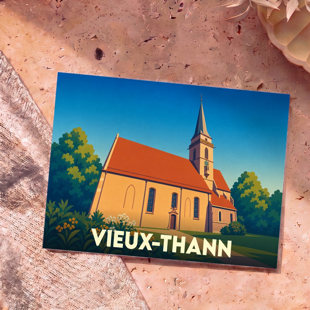 Carte postale souvenir de la ville de Vieux-Thann avec une illustration stylisée de son église sous un ciel bleu.