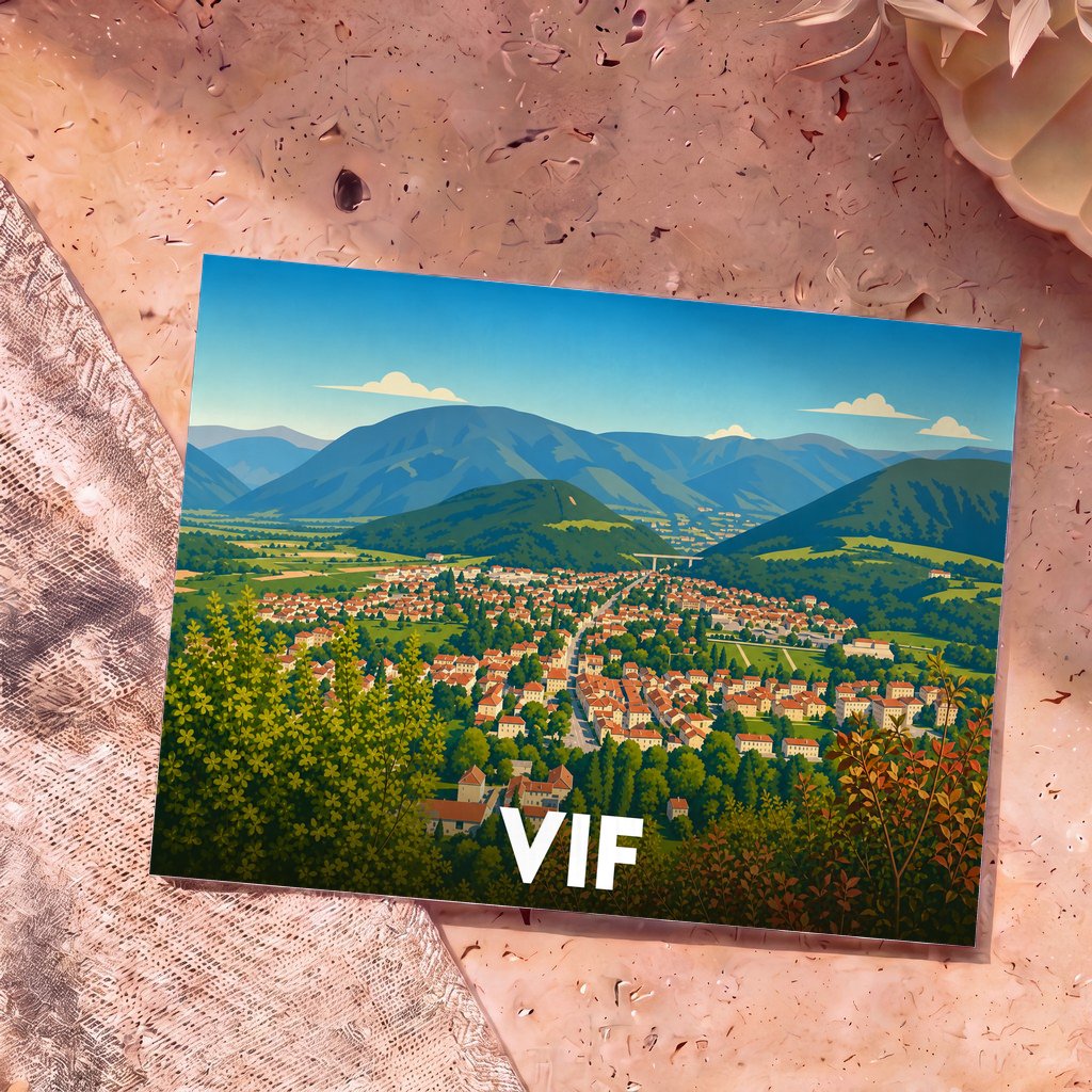 Carte postale souvenir de la ville de Vif illustrant un panorama coloré entre vallée et montagnes.