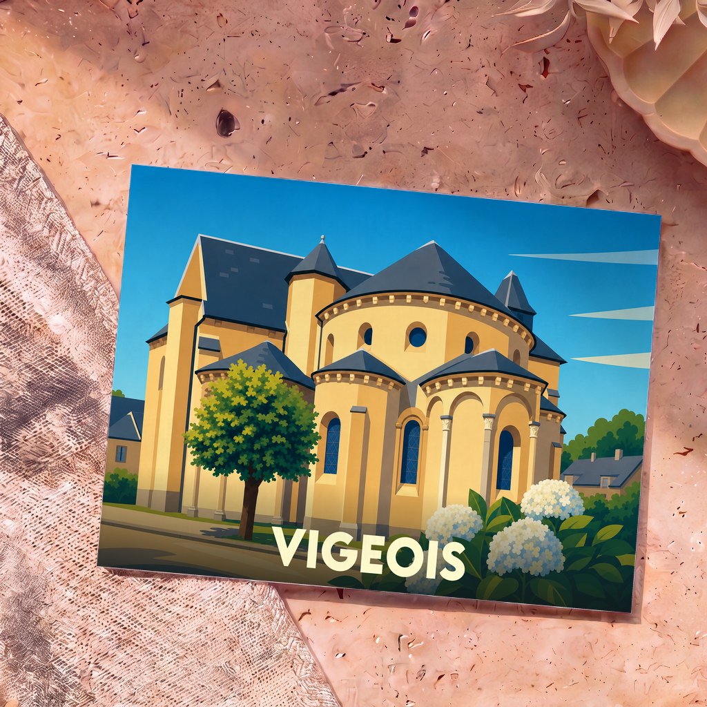 Carte postale souvenir de la ville de Vigeois représentant l'abbaye dans un style illustré et coloré.