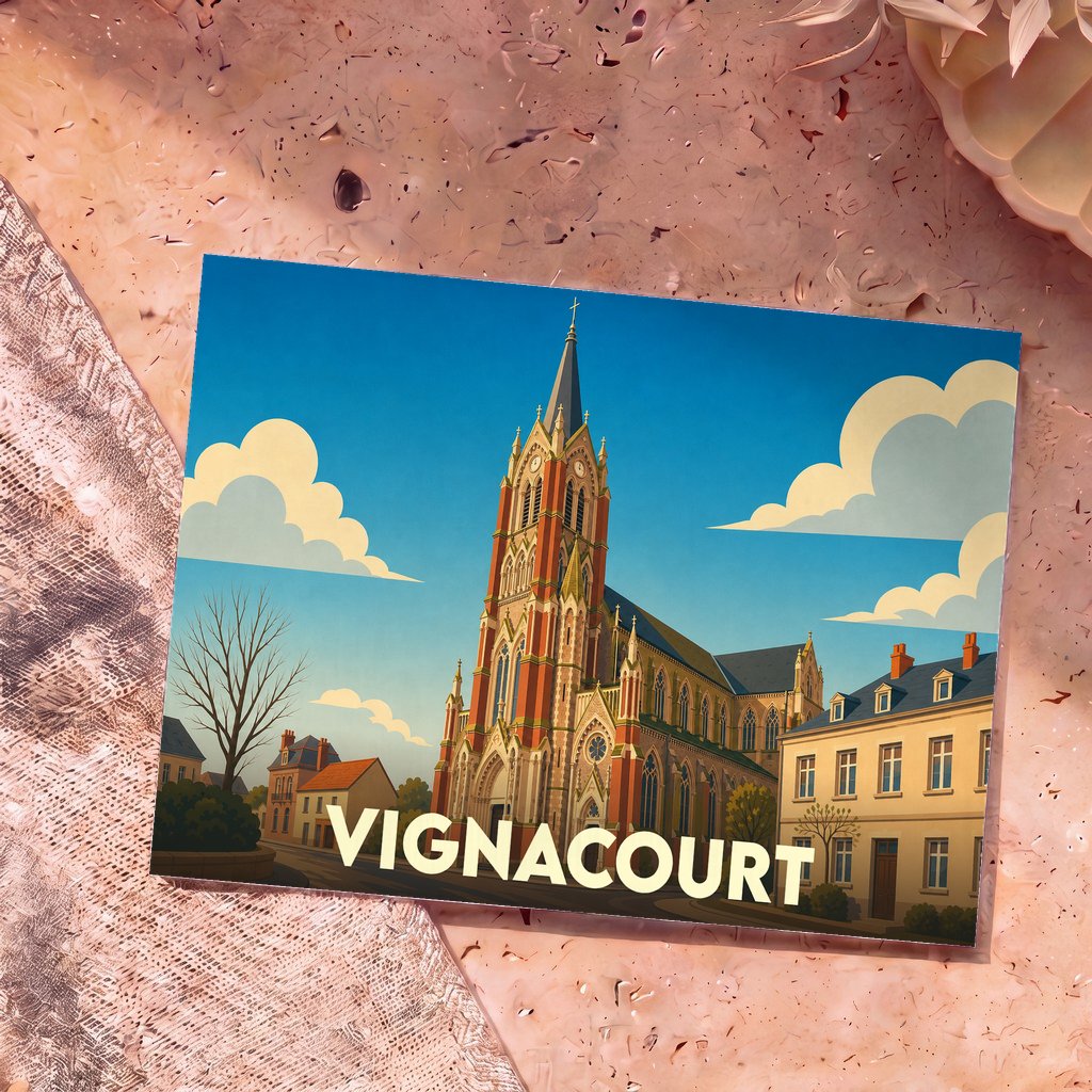 Carte postale souvenir de la ville de Vignacourt avec une illustration stylisée de son église.