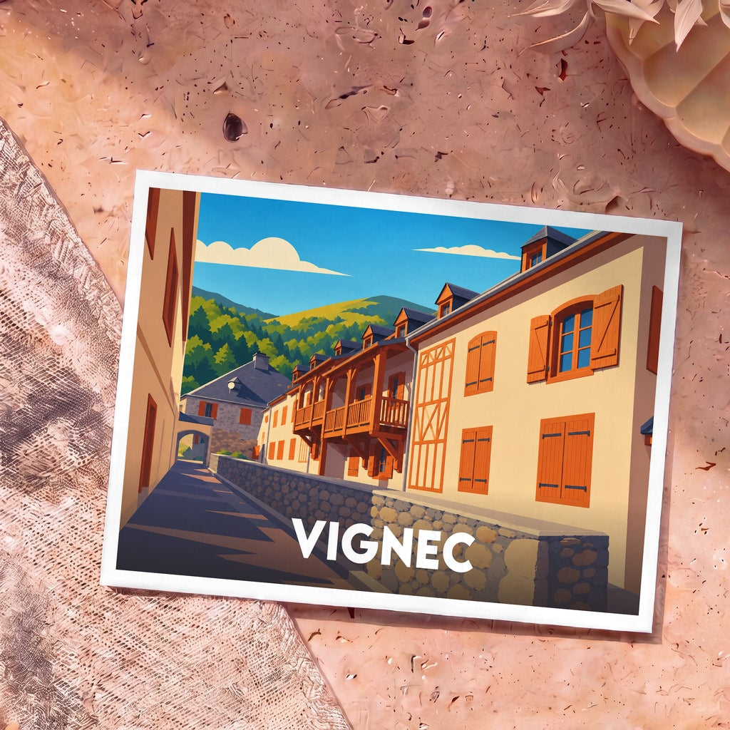 Carte postale souvenir de la ville de Vignec avec une illustration stylisée de ses maisons traditionnelles.