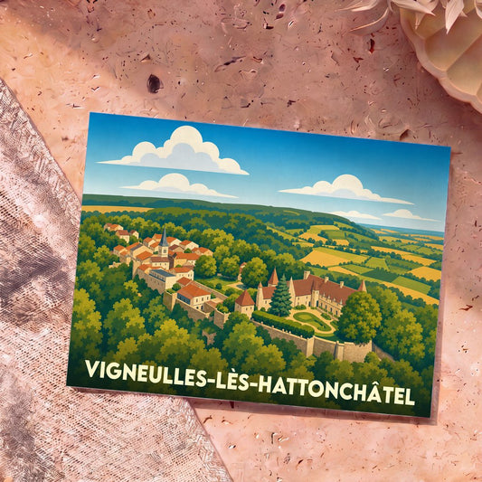 Carte postale souvenir de la ville de Vigneulles-lès-Hattonchâtel avec une illustration stylisée.