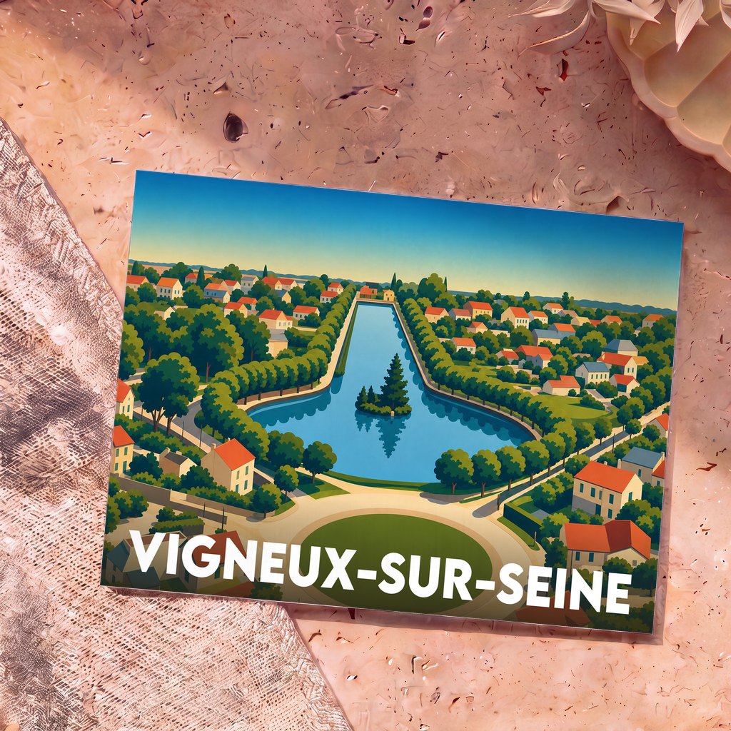 Carte postale souvenir de la ville de Vigneux-sur-Seine avec une illustration stylisée d'un plan d'eau entouré de verdure.