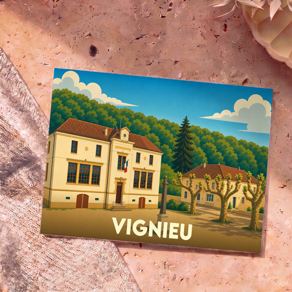 Carte postale souvenir de la ville de Vignieu avec une illustration stylisée du village.