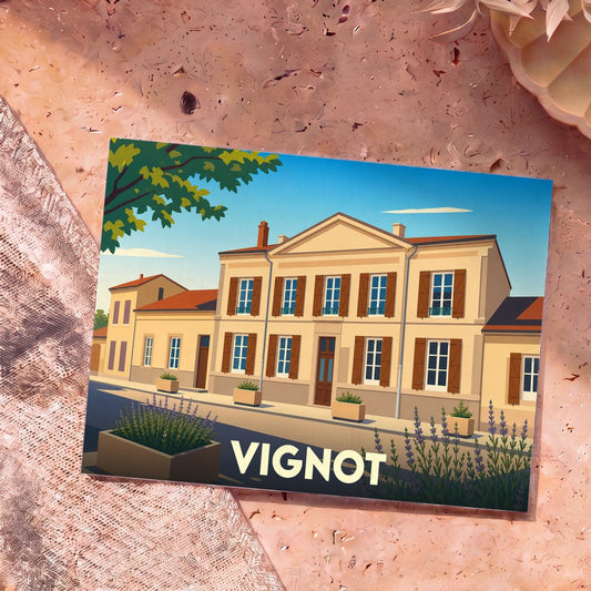 Carte postale souvenir de la ville de Vignot avec une illustration stylisée d'un bâtiment traditionnel.