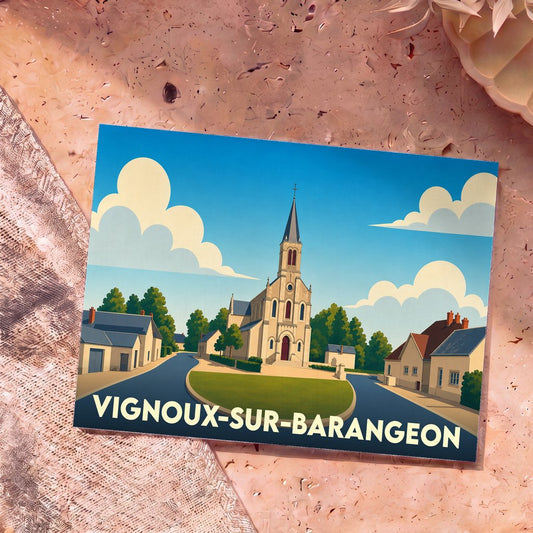 Carte postale souvenir de la ville de Vignoux-sur-Barangeon avec une illustration stylisée d'une église de village.