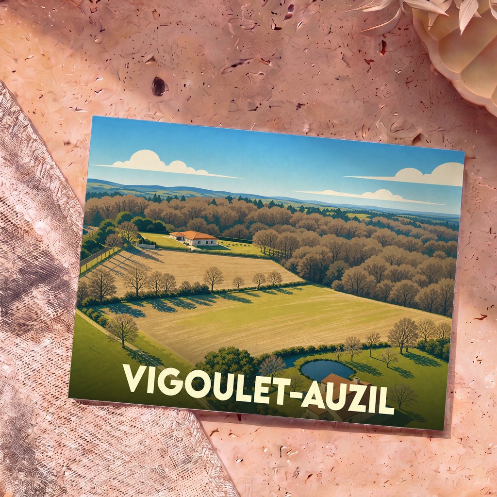 Carte postale souvenir de la ville de Vigoulet-Auzil avec une illustration stylisée de son paysage rural.