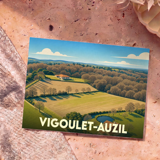 Carte postale souvenir de la ville de Vigoulet-Auzil avec une illustration stylisée de son paysage rural.