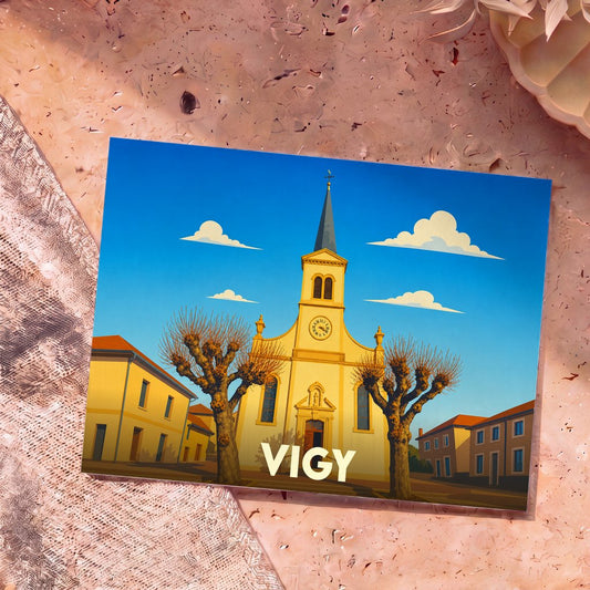 Carte postale souvenir de la ville de Vigy avec une illustration stylisée de son église et de ses environs.