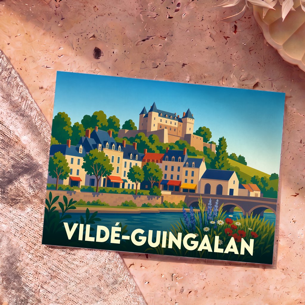 Carte postale souvenir de la ville de Vildé-Guingalan avec une illustration stylisée d'un village médiéval au bord de l'eau.