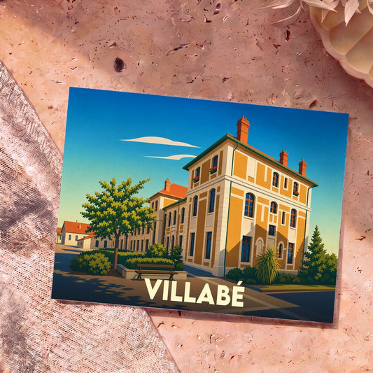 Carte postale souvenir de la ville de Villabé illustrant un bâtiment historique dans un style graphique épuré.
