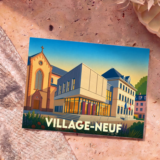 Carte postale souvenir de la ville de Village-Neuf avec une illustration stylisée de ses bâtiments emblématiques.