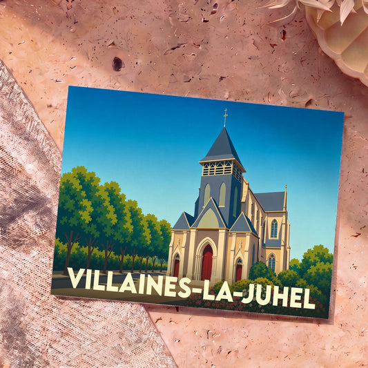Carte postale souvenir de la ville de Villaines-la-Juhel illustrant son église dans un style graphique épuré.