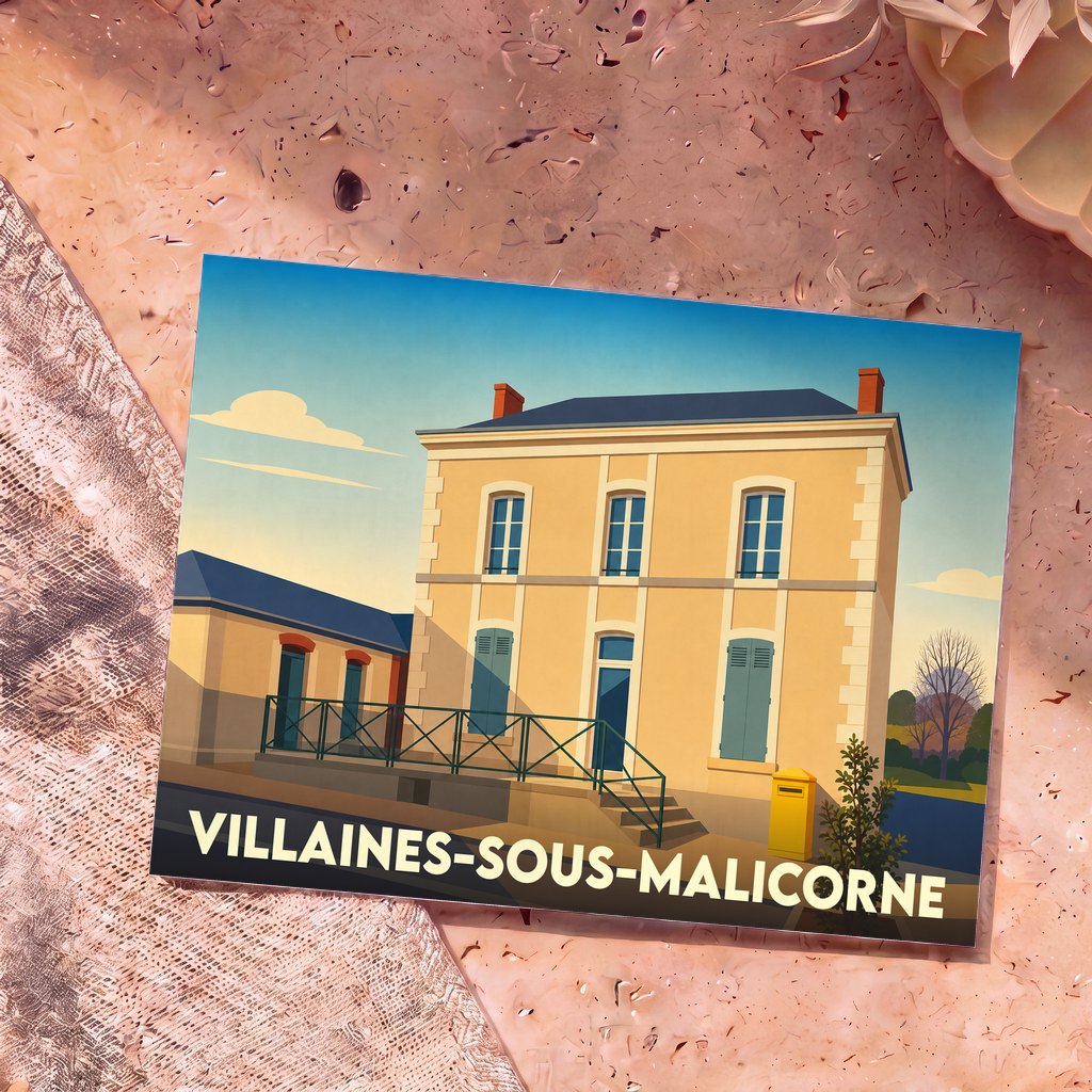 Carte postale souvenir de la ville de Villaines-sous-Malicorne avec une illustration stylisée de sa mairie.