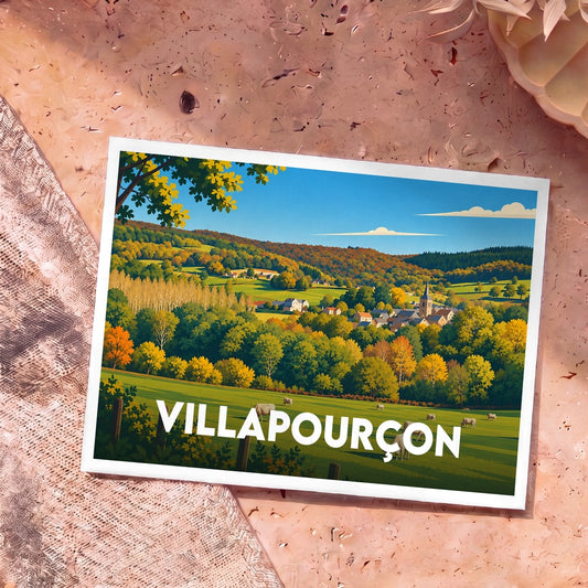 Carte postale souvenir de la ville de Villapourçon avec une illustration stylisée de son paysage vallonné.