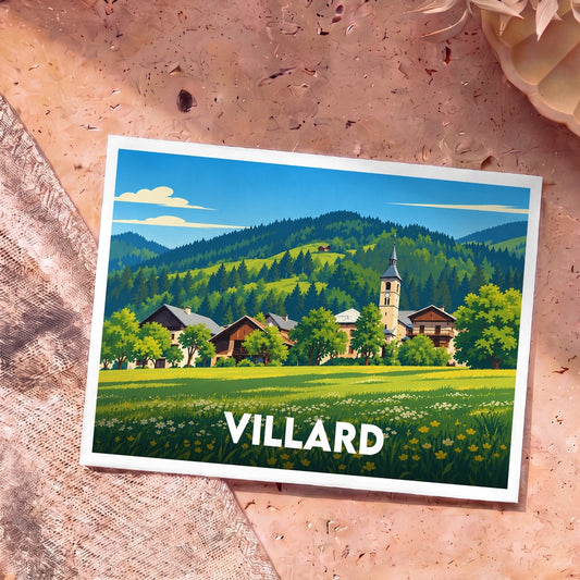 Carte postale souvenir de la ville de Villard illustrant un village de montagne stylisé dans un paysage verdoyant.