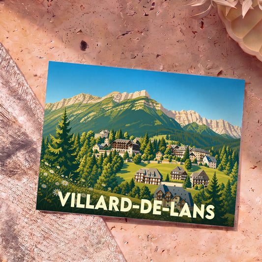 Carte postale souvenir de la ville de Villard-de-Lans avec une illustration stylisée de ses paysages montagneux.