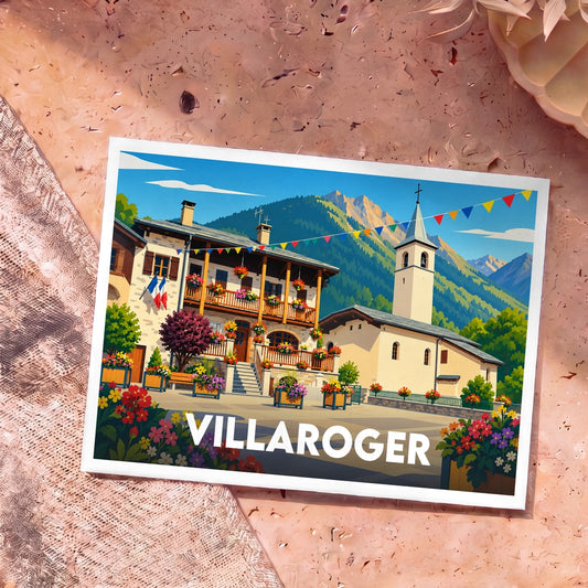 Carte postale souvenir de la ville de Villaroger avec une illustration colorée de son village alpin et de son église.