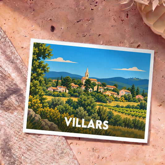 Carte postale souvenir de la ville de Villars avec une illustration stylisée d'un village provençal niché dans la verdure.
