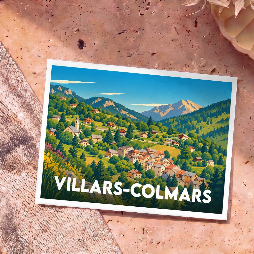 Carte postale souvenir de la ville de Villars-Colmars avec une illustration stylisée d'un village de montagne.
