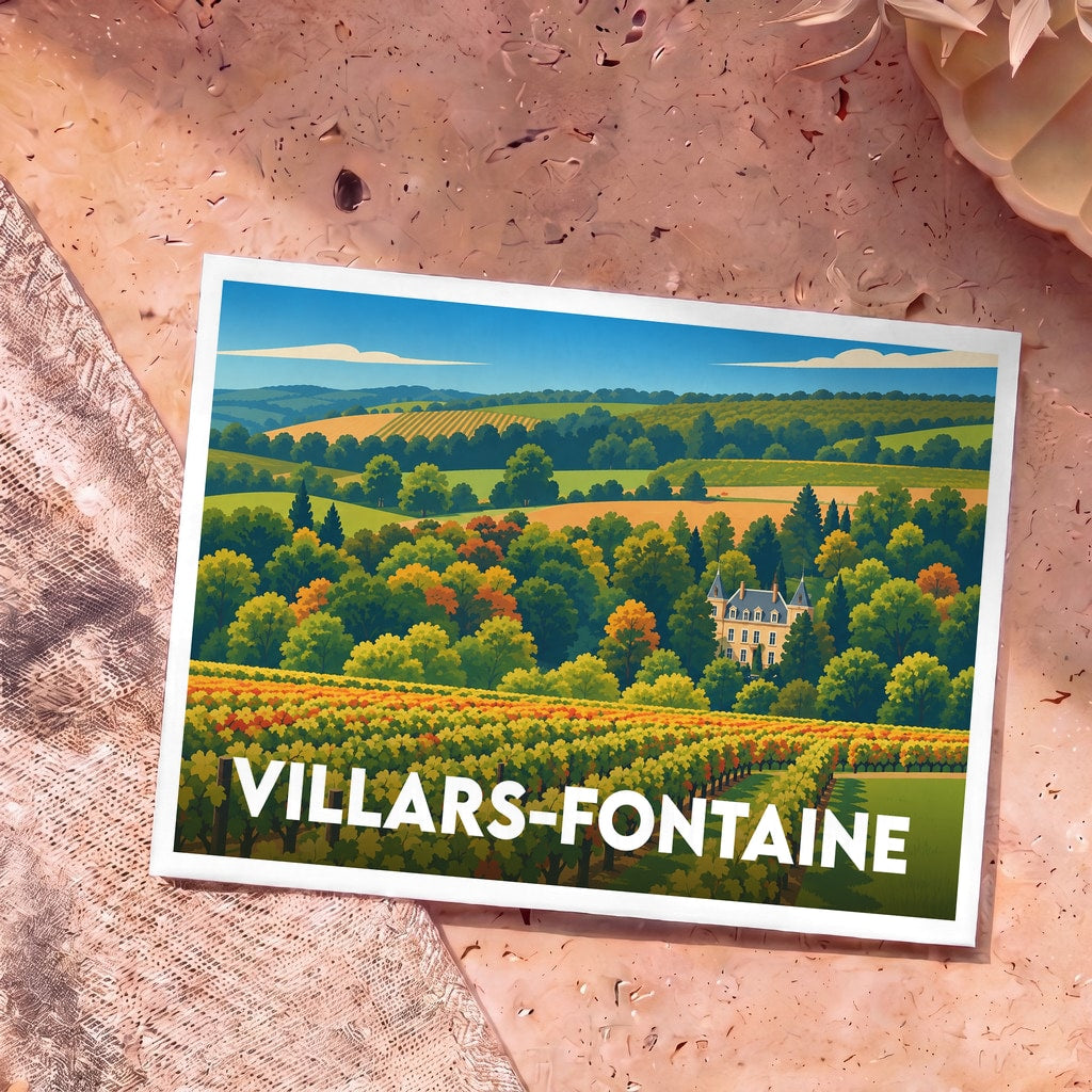 Carte postale souvenir de la ville de Villars-Fontaine avec une illustration stylisée de son paysage vallonné, ses vignes et son château.
