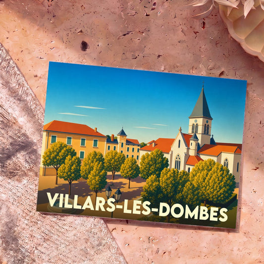 Carte postale souvenir de la ville de Villars-les-Dombes avec une illustration stylisée de son église et de sa place arborée.