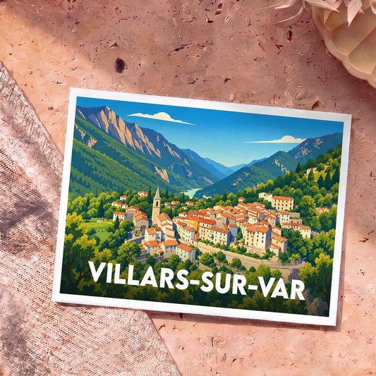 Carte postale souvenir de la ville de Villars-sur-Var avec une illustration stylisée d'un village de montagne.