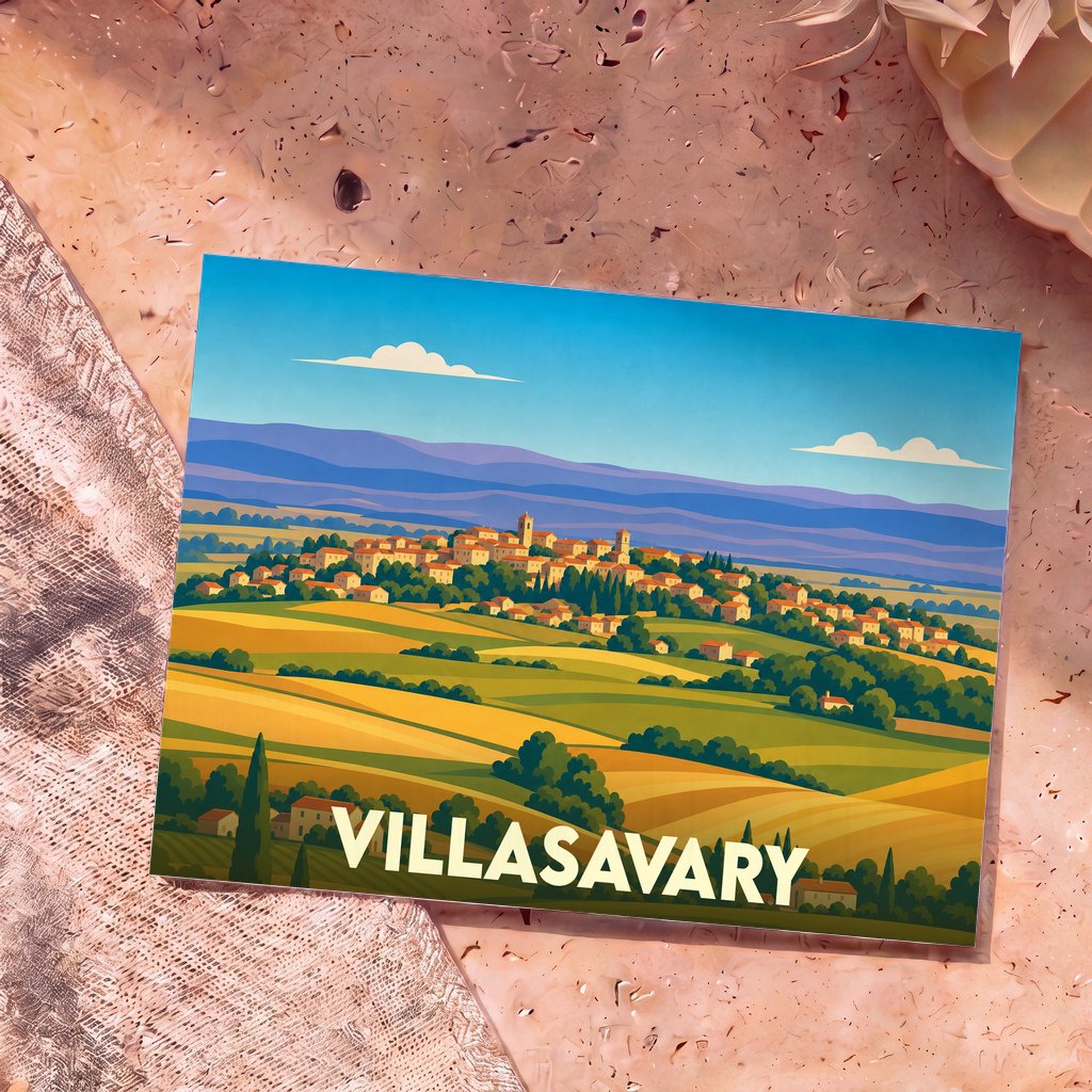 Carte postale souvenir de la ville de Villasavary illustrée par un paysage vallonné et coloré.