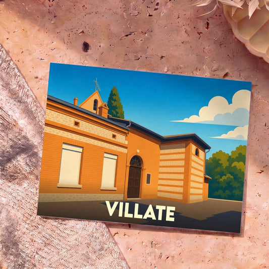 Carte postale souvenir de la ville de Villate avec une illustration stylisée de son architecture locale.