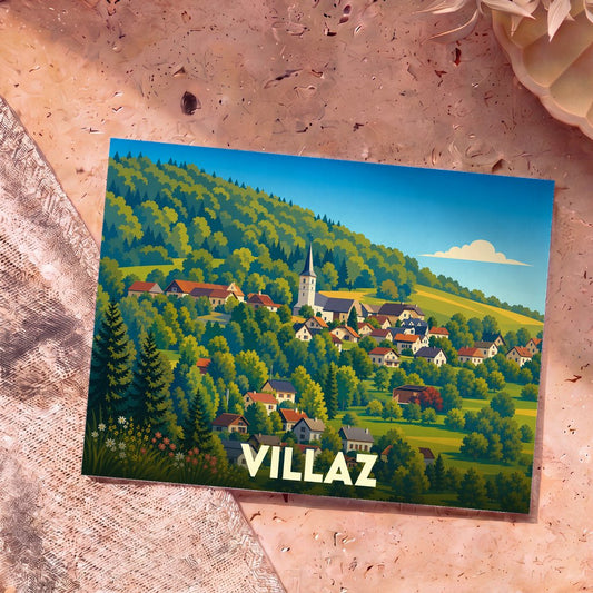 Carte postale souvenir de la ville de Villaz illustrant son village vallonné dans un style graphique épuré.