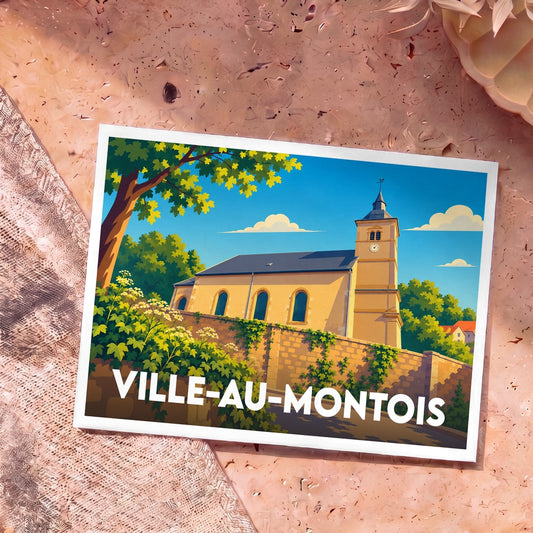 Carte postale souvenir de la ville de Ville-au-Montois avec une illustration stylisée de son église.
